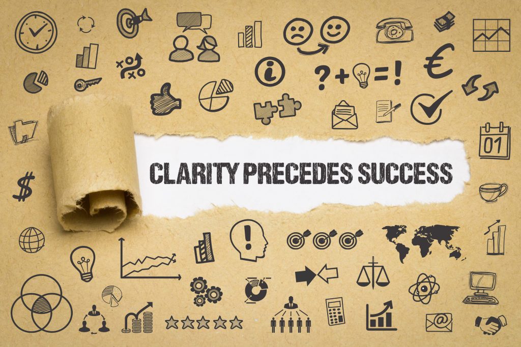 Image shows the message "Clarity Precedes Success" on a white background, underneath a torn faded brown paper with lots of black business-related icons.