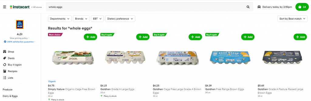 Image shows options for eggs on Aldi's online storefront on Instacart, with cheapest option $4.15
