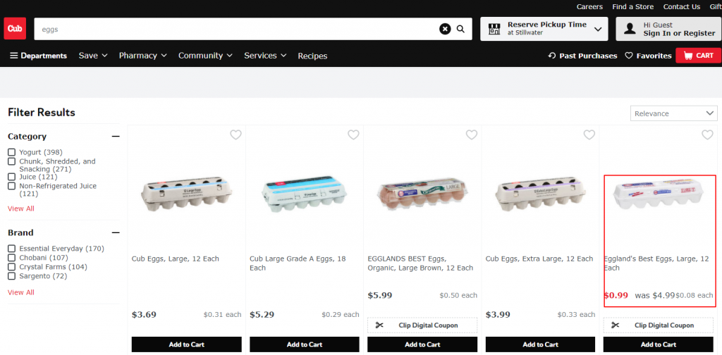 Image shows options for eggs on Cub Foods' cub.com's online storefront, with cheapest option $0.99