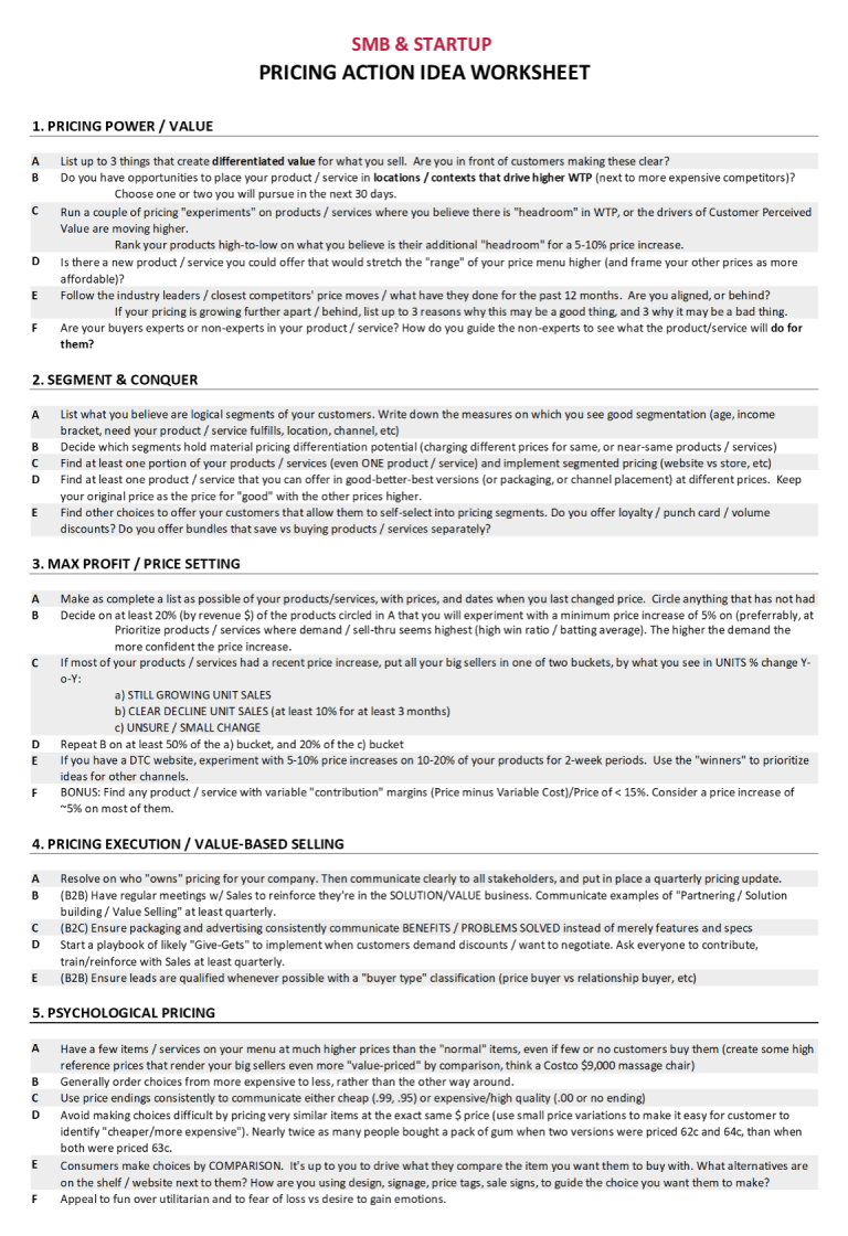 Image shows Excel spreadsheet titled SMB & Startup Pricing Action Idea Worksheet