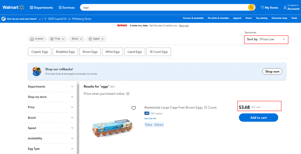 Image shows options for eggs on Walmart.com's online storefront, with cheapest option $3.68