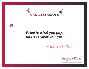 Image shows a framed quote "Price is what you pay. Value is what you get," attributed to Warren Buffett