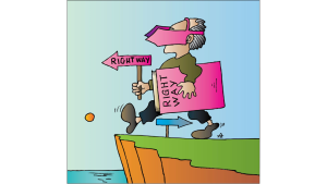 Image shows business man with pink blinders about to head over the edge of the cliff while holding a pink book and a sign reading "Right Way". In the distance, a blue sign points the opposite direction away from the cliff edge.