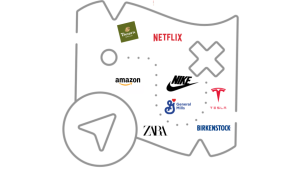 Image shows logos of consumer brands like Nike, Tesla, Amazon and others on a map with an entry point and a destination marked by a grey cross.