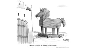 The image shows a trojan horse outside the walls of a fortress.